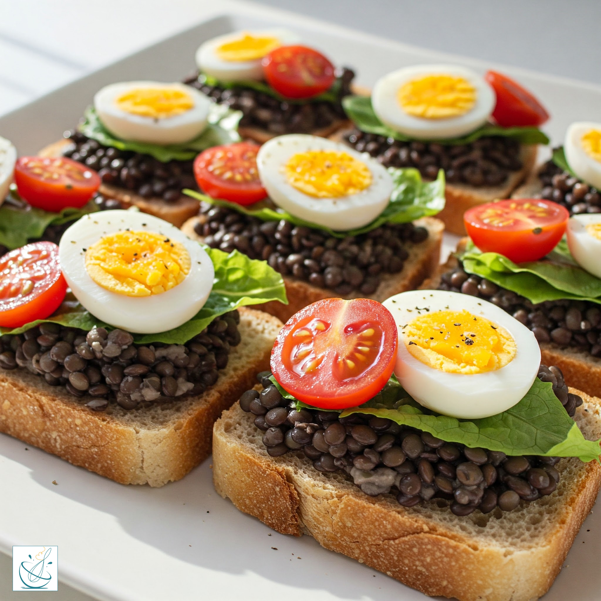Mai multe felii de pâine integrală prăjită, acoperite cu un strat generos de linte neagră (caviar de linte), frunze verzi de salată, jumătăți de ou fiert și roșii cherry, aranjate pe un platou alb.