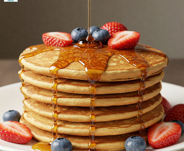 O stivă înaltă de șase clătite americane aurii, peste care se toarnă un fir subțire de sirop lucios, decorate cu felii de căpșuni și afine, pe o farfurie albă.