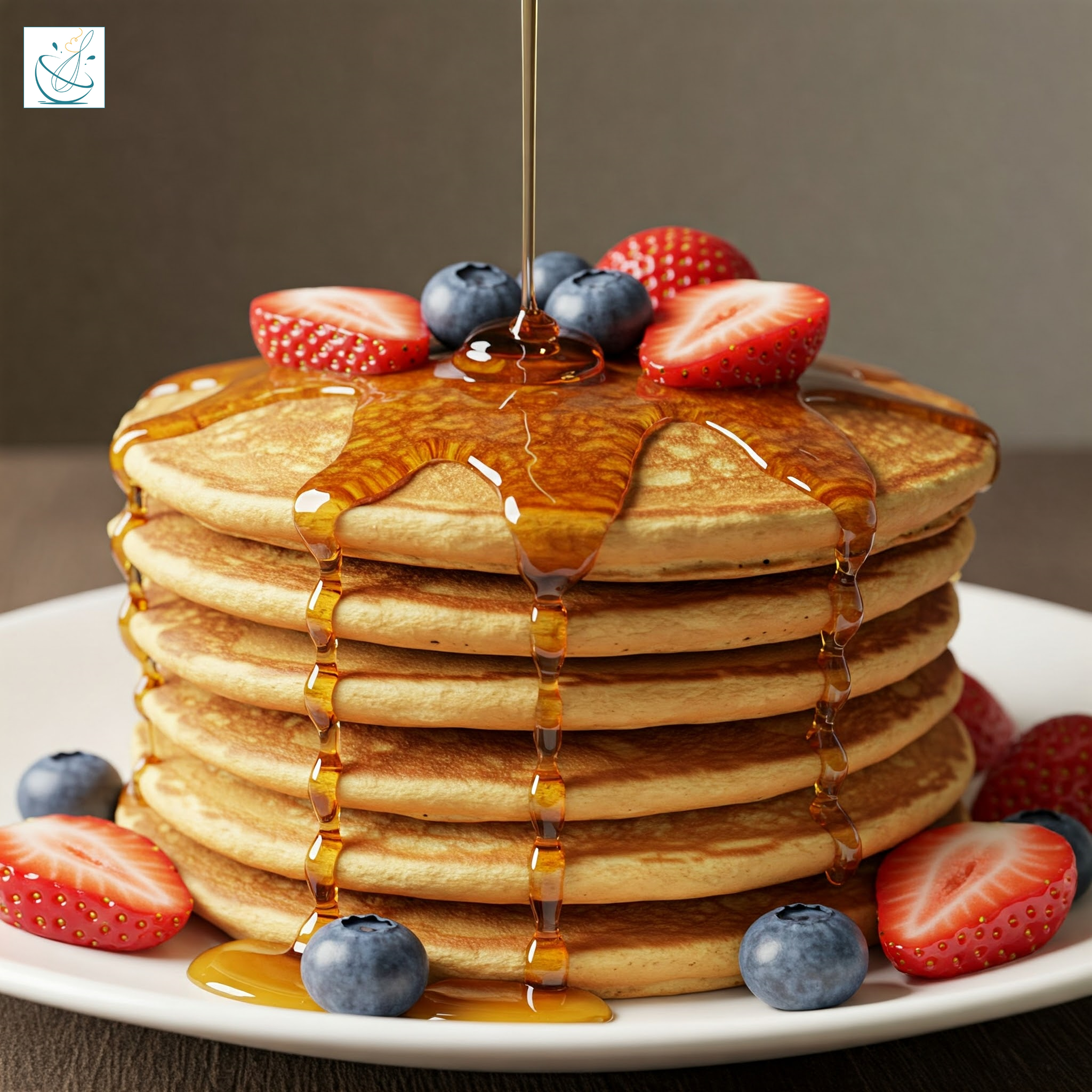 O stivă înaltă de șase clătite americane aurii, peste care se toarnă un fir subțire de sirop lucios, decorate cu felii de căpșuni și afine, pe o farfurie albă.