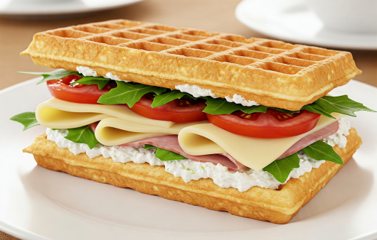 Un sandviș inedit realizat din două vafe aurii, umplut cu straturi de cremă de brânză, frunze proaspete de rucola, felii de șuncă, brânză topită și roșii suculente, servit pe o farfurie albă.