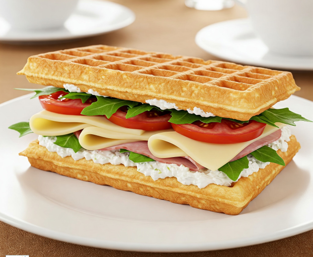 Un sandviș inedit realizat din două vafe aurii, umplut cu straturi de cremă de brânză, frunze proaspete de rucola, felii de șuncă, brânză topită și roșii suculente, servit pe o farfurie albă.