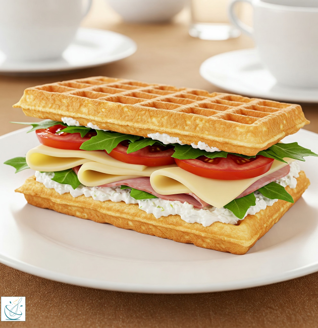 Un sandviș inedit realizat din două vafe aurii, umplut cu straturi de cremă de brânză, frunze proaspete de rucola, felii de șuncă, brânză topită și roșii suculente, servit pe o farfurie albă.