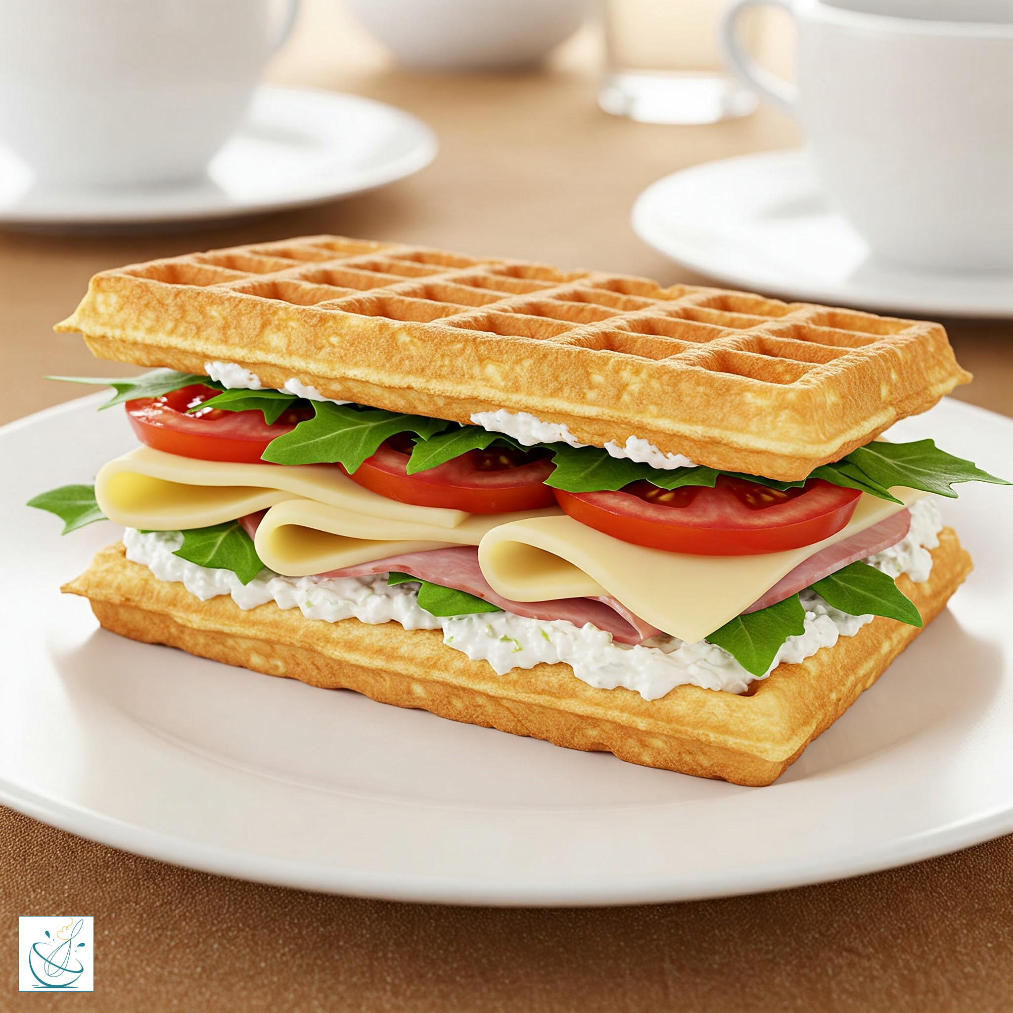 Un sandviș inedit realizat din două vafe aurii, umplut cu straturi de cremă de brânză, frunze proaspete de rucola, felii de șuncă, brânză topită și roșii suculente, servit pe o farfurie albă.