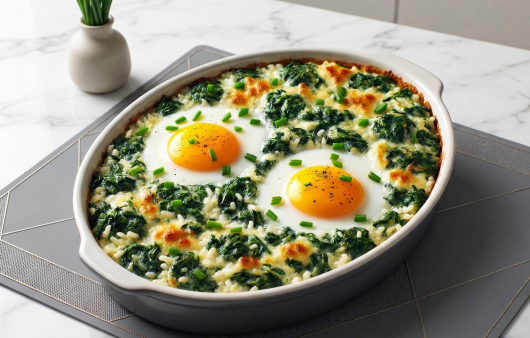 O tavă ovală de ceramică plină cu un amestec cremos de orez și spanac verde, gratinat cu brânză, având două ouă ochiuri cu gălbenuș moale deasupra, totul decorat cu arpagic.