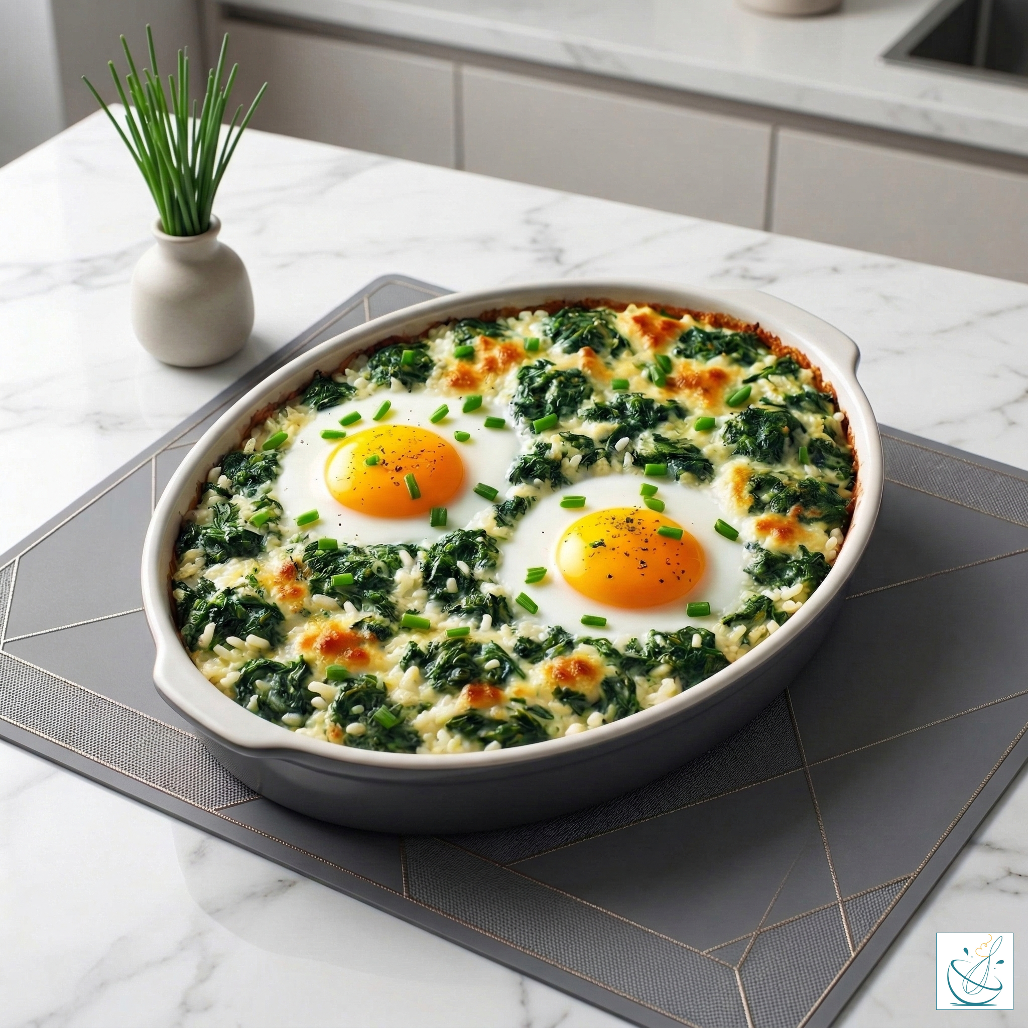 O tavă ovală de ceramică plină cu un amestec cremos de orez și spanac verde, gratinat cu brânză, având două ouă ochiuri cu gălbenuș moale deasupra, totul decorat cu arpagic.