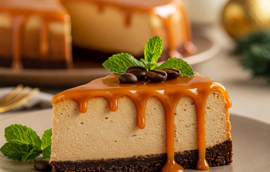 O felie generoasă de cheesecake cu cafea, având o bază de biscuiți, cacao și un topping bogat de caramel fluid care se prelinge pe margini, decorată cu boabe de cafea și mentă proaspătă.