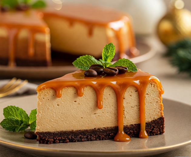 O felie generoasă de cheesecake cu cafea, având o bază de biscuiți, cacao și un topping bogat de caramel fluid care se prelinge pe margini, decorată cu boabe de cafea și mentă proaspătă.