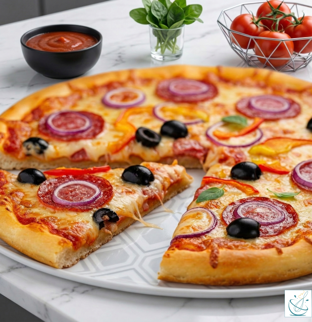 O pizza de casă abia scoasă din cuptor, așezată pe un platou decorat, cu topping generos de salam, rondele de ceapă roșie, măsline negre și ardei, alături de sos de roșii și ingrediente proaspete.