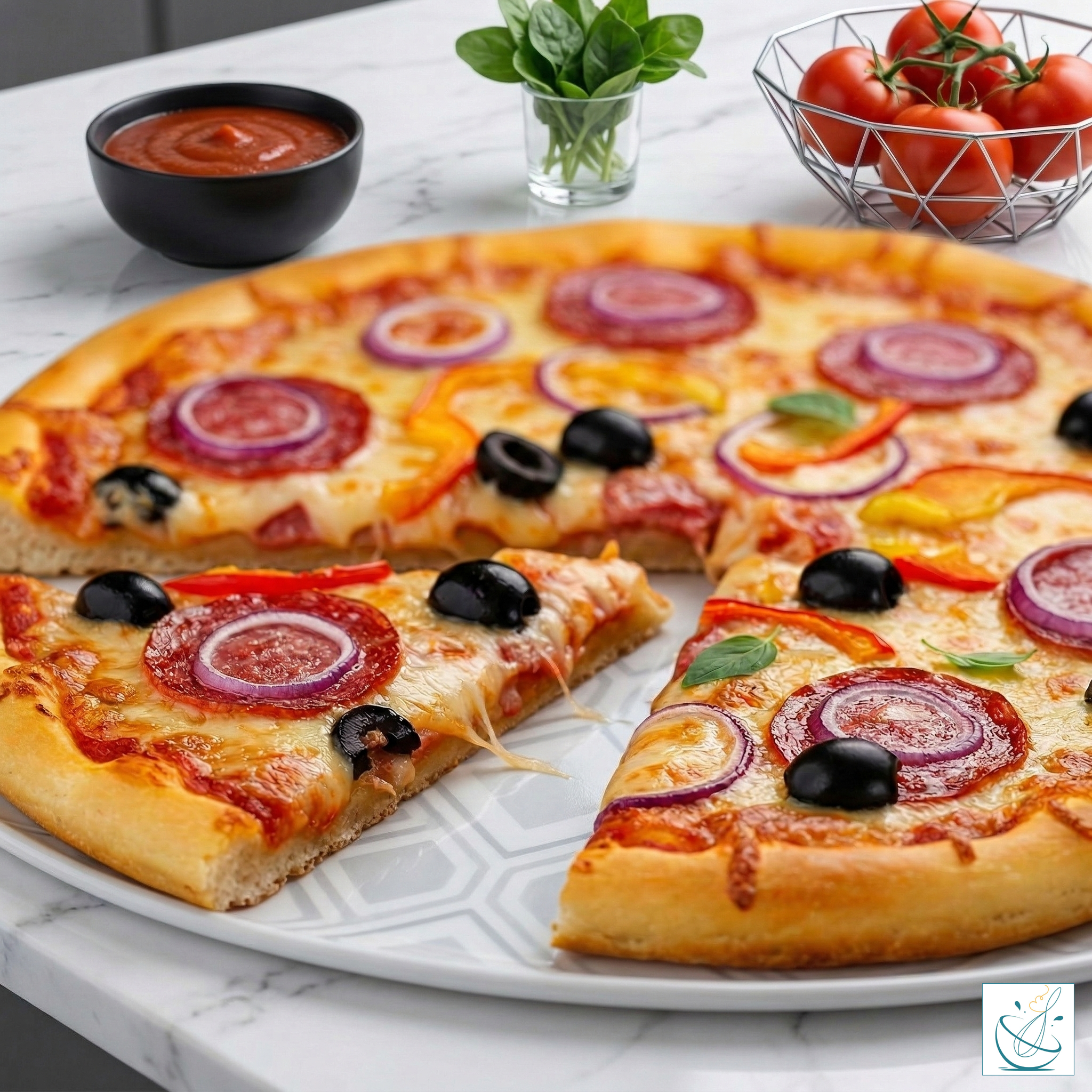 O pizza de casă abia scoasă din cuptor, așezată pe un platou decorat, cu topping generos de salam, rondele de ceapă roșie, măsline negre și ardei, alături de sos de roșii și ingrediente proaspete.