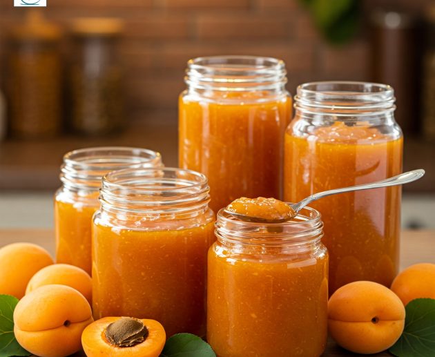 Cinci borcane pline cu gem de caise auriu, așezate pe o masă de lemn alături de caise proaspete, întregi și secționate, într-un cadru de bucătărie.