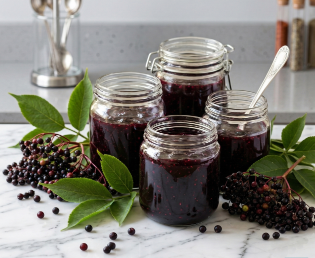 Patru borcane de sticlă pline cu gem de soc de un violet închis, așezate pe un blat de marmură albă, încadrate de ciorchini de fructe proaspete de soc și frunze verzi.