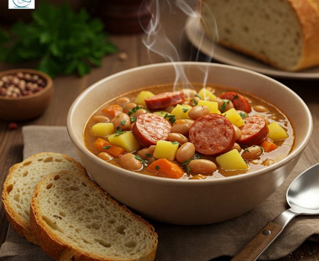 Un bol ceramic plin cu supă densă de fasole boabe, cartofi și morcovi, îmbogățită cu felii rumenite de cârnați, servită aburindă alături de felii de pâine proaspătă.