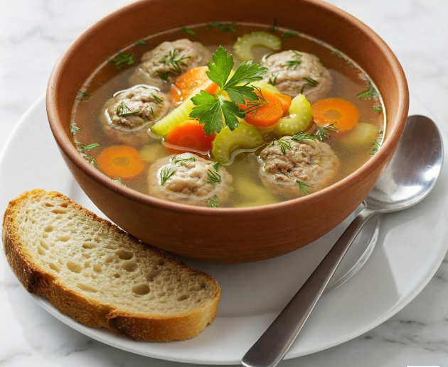 Un bol ceramic rustic plin cu o supă clară de zarzavat, conținând perișoare pufoase, rondele de morcov portocaliu și țelină verde, servit alături de o felie de pâine artizanală pe un fundal de marmură.