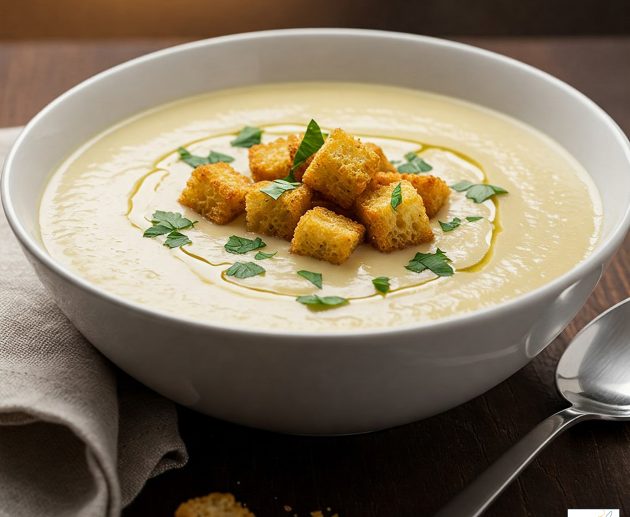 Un bol alb plin cu supă cremă de conopidă de o culoare fildeș, decorată central cu crutoane aurii crocante, frunze de pătrunjel verde și un fir subțire de ulei de măsline, servită pe un fundal rustic.