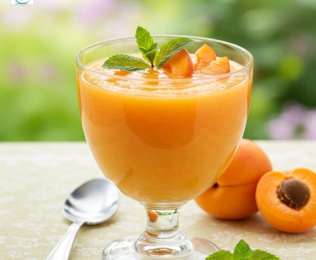 Un pahar elegant de sticlă plin cu o supă cremă de caise de un portocaliu vibrant, decorată cu felii de caise proaspete și mentă, așezat pe o masă de vară în aer liber.