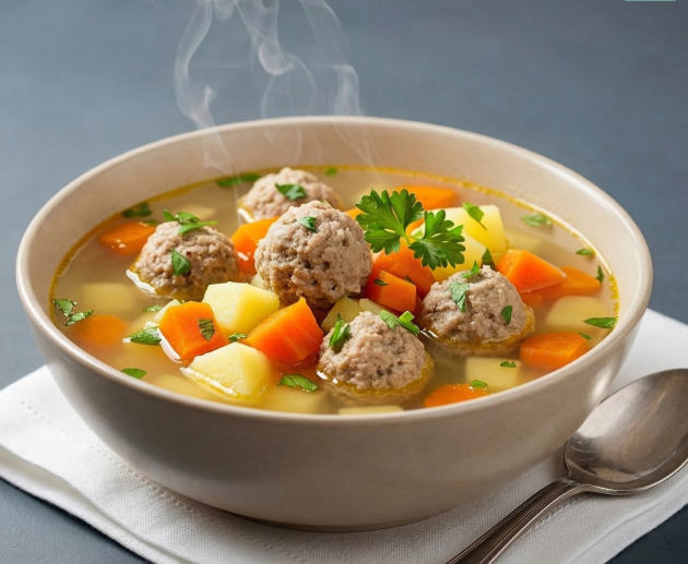 O porție generoasă de supă de perișoare fierbinte, servită într-un bol crem, cu perișoare pufoase, cubulețe de cartofi, morcovi și verdeață proaspătă, din care ies aburi fini.