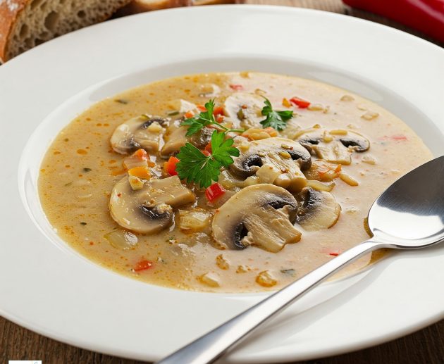 O farfurie albă adâncă plină cu supă cremoasă de ciuperci, decorată cu felii mari de ciuperci sotate, pătrunjel verde și bucățele de ardei roșu, servită lângă felii de pâine rustică și un ardei iute.