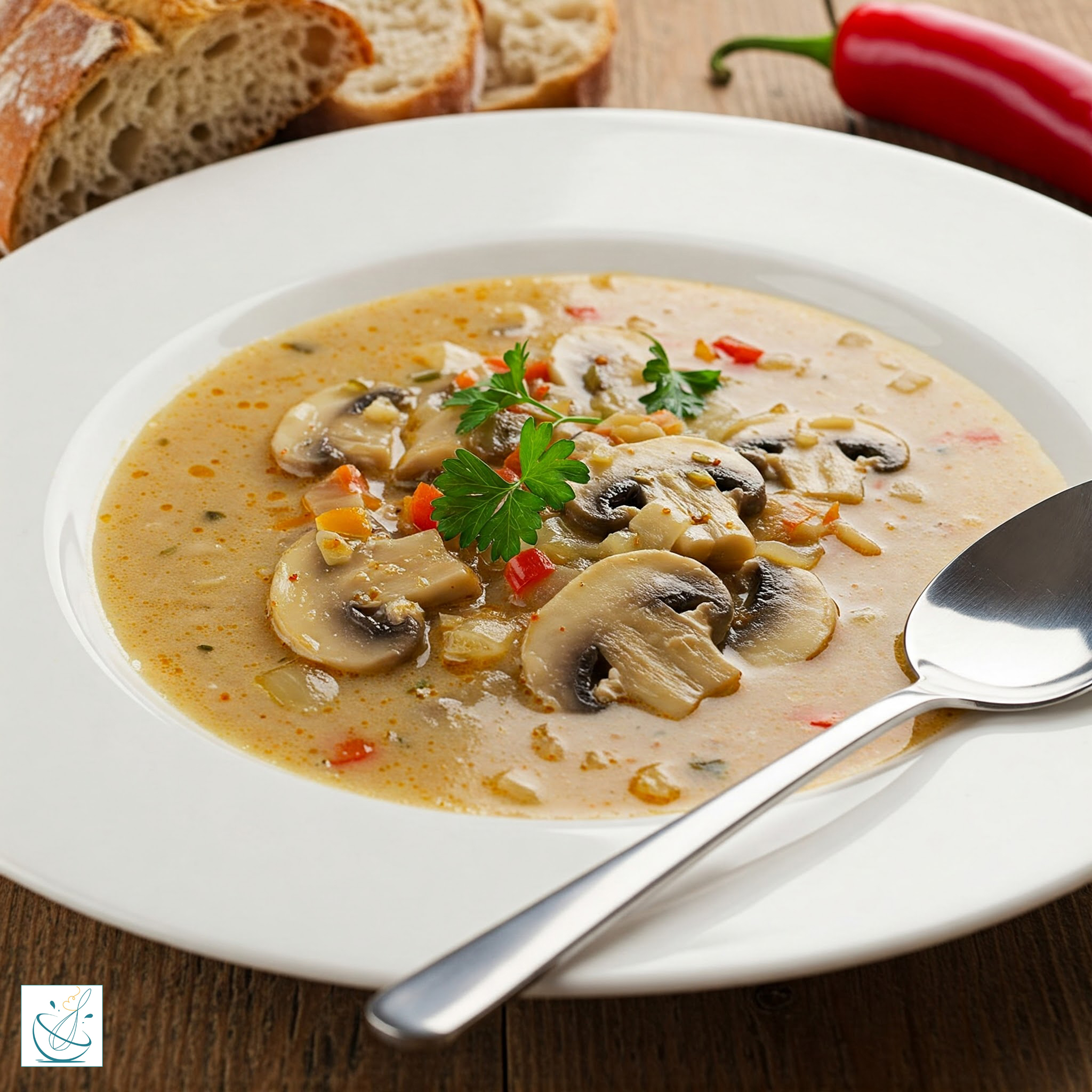 O farfurie albă adâncă plină cu supă cremoasă de ciuperci, decorată cu felii mari de ciuperci sotate, pătrunjel verde și bucățele de ardei roșu, servită lângă felii de pâine rustică și un ardei iute.
