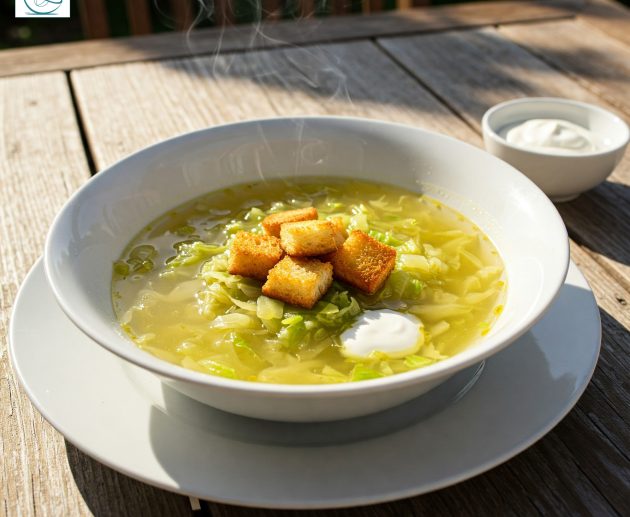 Un bol alb cu supă de varză dulce, decorată cu crutoane crocante și o lingură de smântână, din care ies aburi fini, așezat pe o masă de lemn în lumina naturală a soarelui.