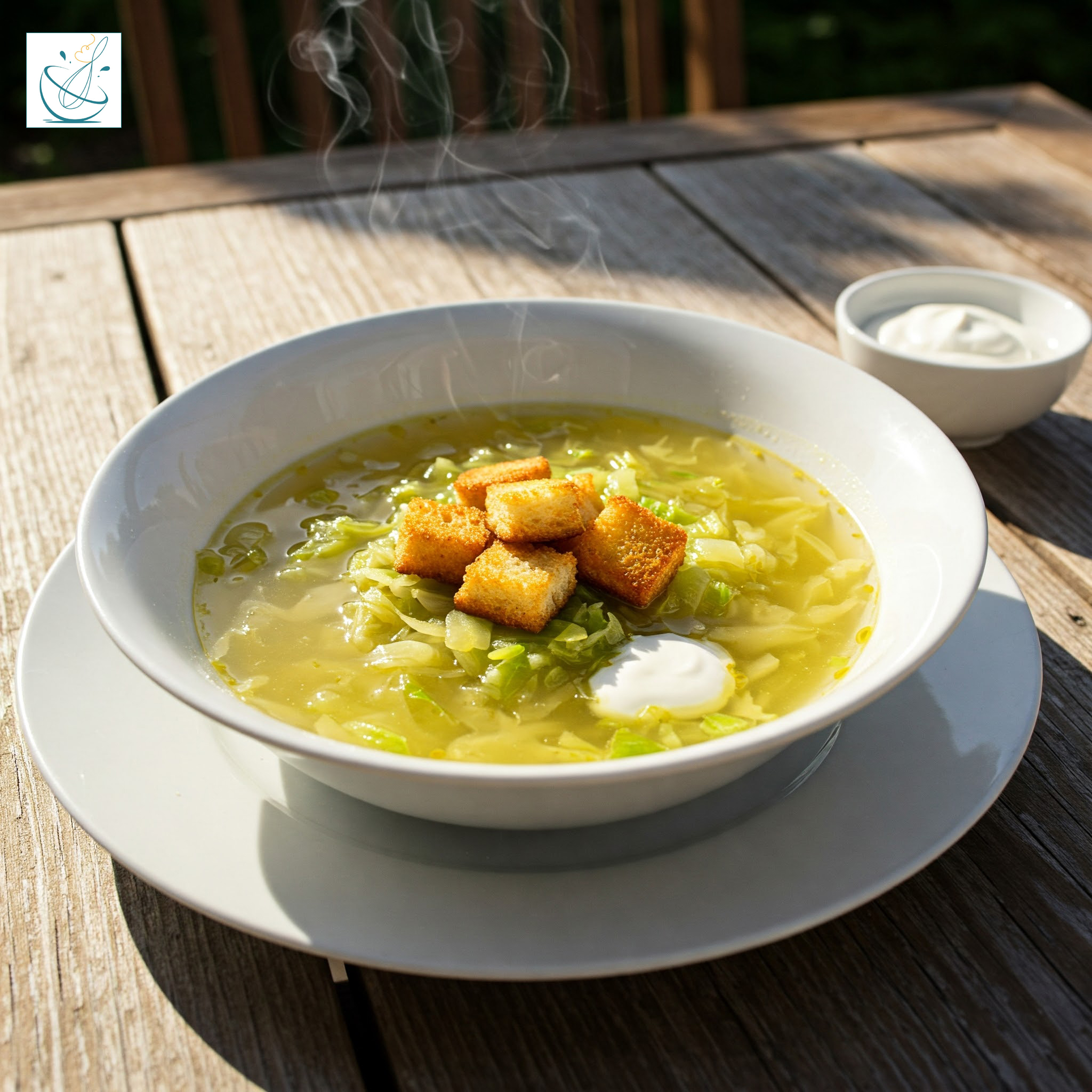 Un bol alb cu supă de varză dulce, decorată cu crutoane crocante și o lingură de smântână, din care ies aburi fini, așezat pe o masă de lemn în lumina naturală a soarelui.