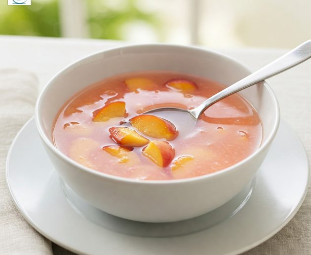 O porție generoasă de supă cremoasă de piersici, de un roz-coral delicat, servită într-un bol alb cu o lingură argintie, cu felii de piersici plutind în ea.