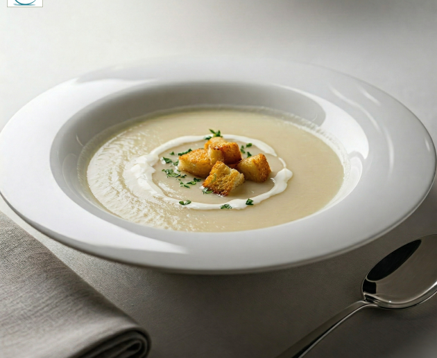 O farfurie albă adâncă plină cu supă cremă de țelină pală, garnisită în centru cu crutoane aurii, ierburi proaspete și un fir de smântână. O lingură argintie se află în dreapta, iar un șervețel gri în stânga, pe o față de masă din in.