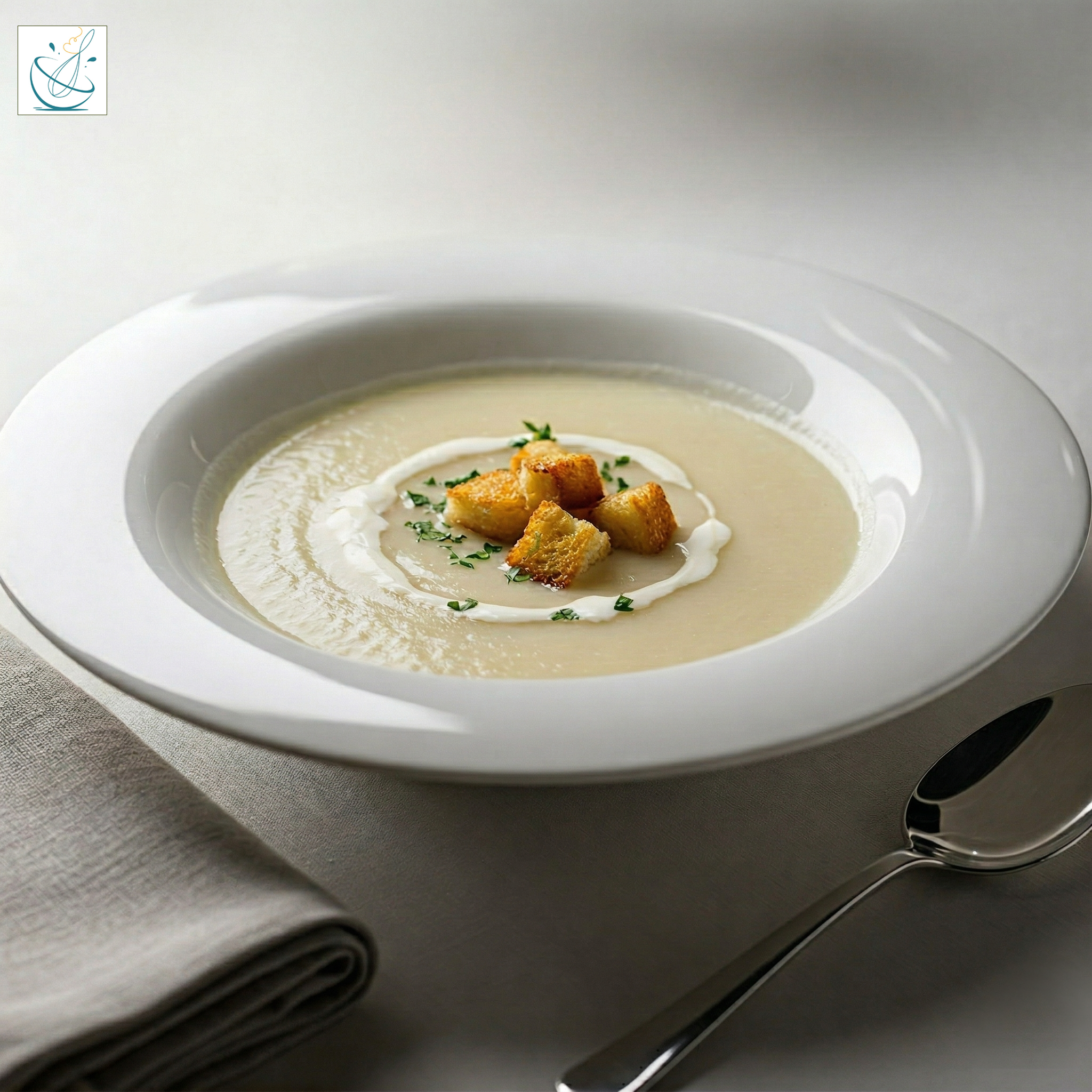 O farfurie albă adâncă plină cu supă cremă de țelină pală, garnisită în centru cu crutoane aurii, ierburi proaspete și un fir de smântână. O lingură argintie se află în dreapta, iar un șervețel gri în stânga, pe o față de masă din in.