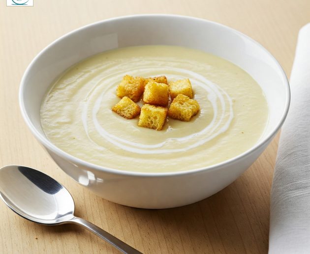 Un bol ceramic alb plin cu o supă cremă fină de cartofi, garnisit central cu crutoane aurii și spirale de smântână, așezat pe o masă de lemn alături de o lingură argintie și un șervețel alb.