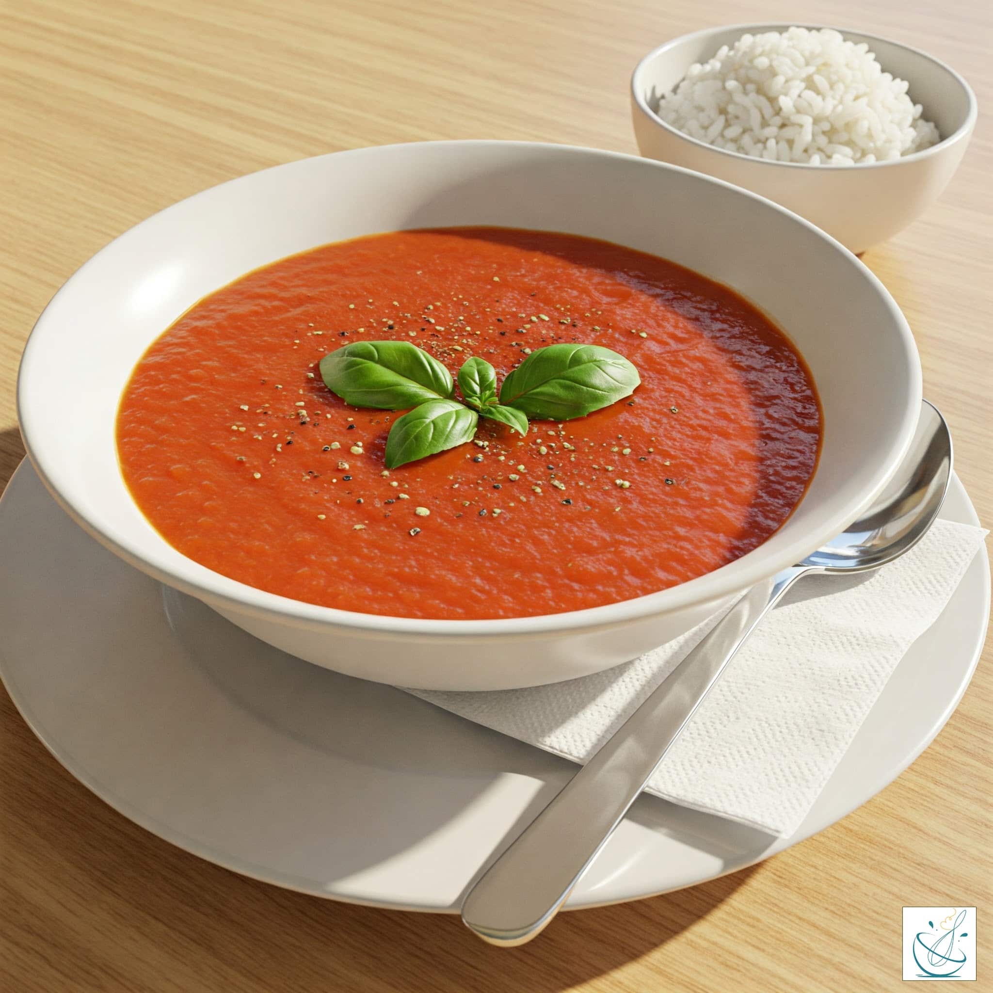 Un bol alb plin cu supă cremoasă de roșii de un roșu vibrant, decorată cu frunze proaspete de busuioc și piper negru, servită alături de un bol mic cu orez alb pe o masă din lemn.