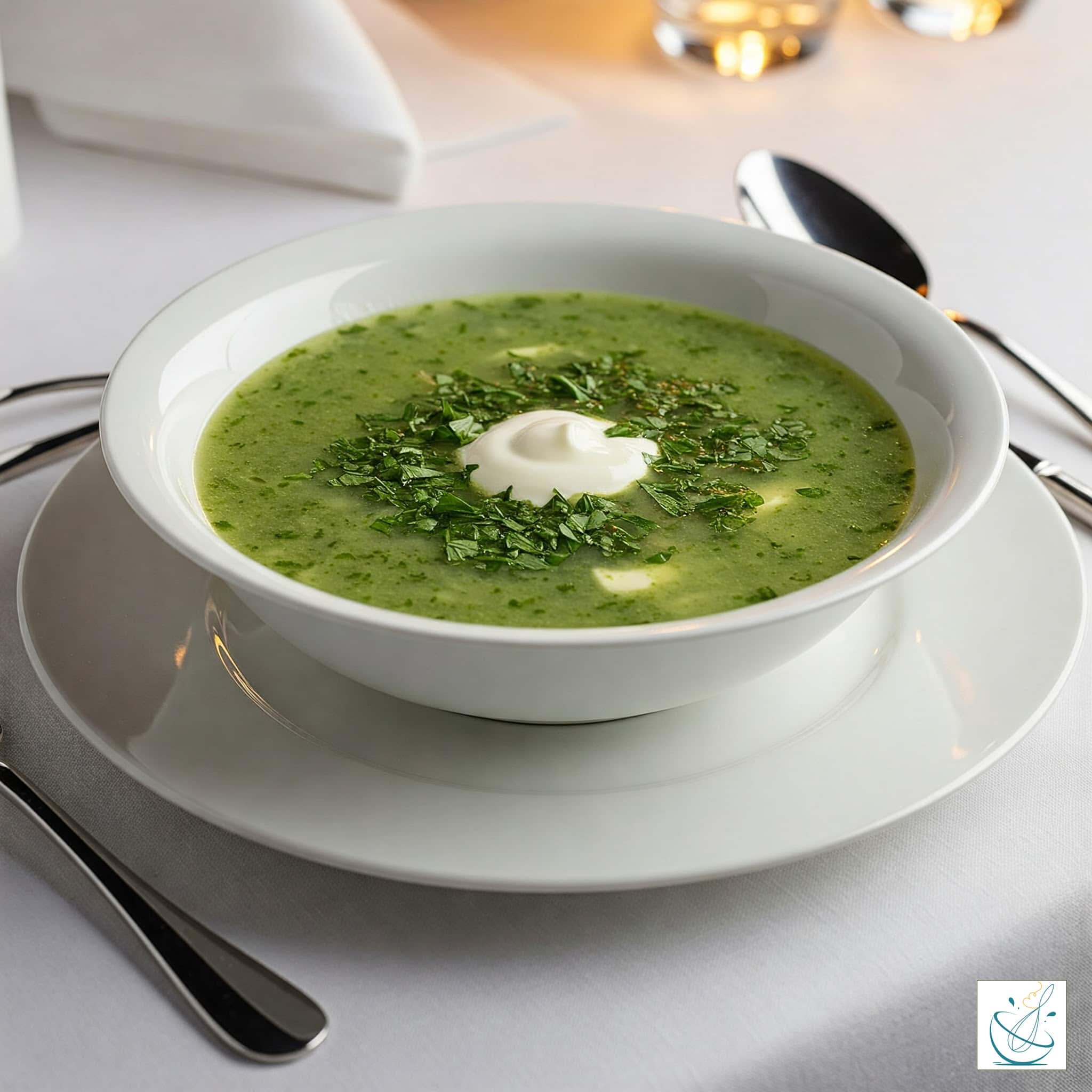 Un bol alb de ceramică umplut cu supă de pătrunjel verde, decorată cu mult pătrunjel proaspăt tocat și o porție centrală de smântână cremoasă, servită pe o farfurie cu o lingură argintie pe o față de masă albă.