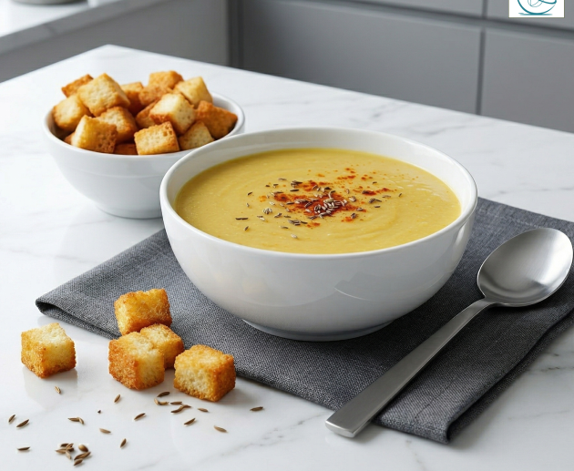 Un bol alb cu supă cremă de chimen de un galben delicat, presărată cu semințe întregi și boia, servită pe un șervet gri alături de un bol cu crutoane crocante și o lingură argintie, pe un blat de marmură albă.