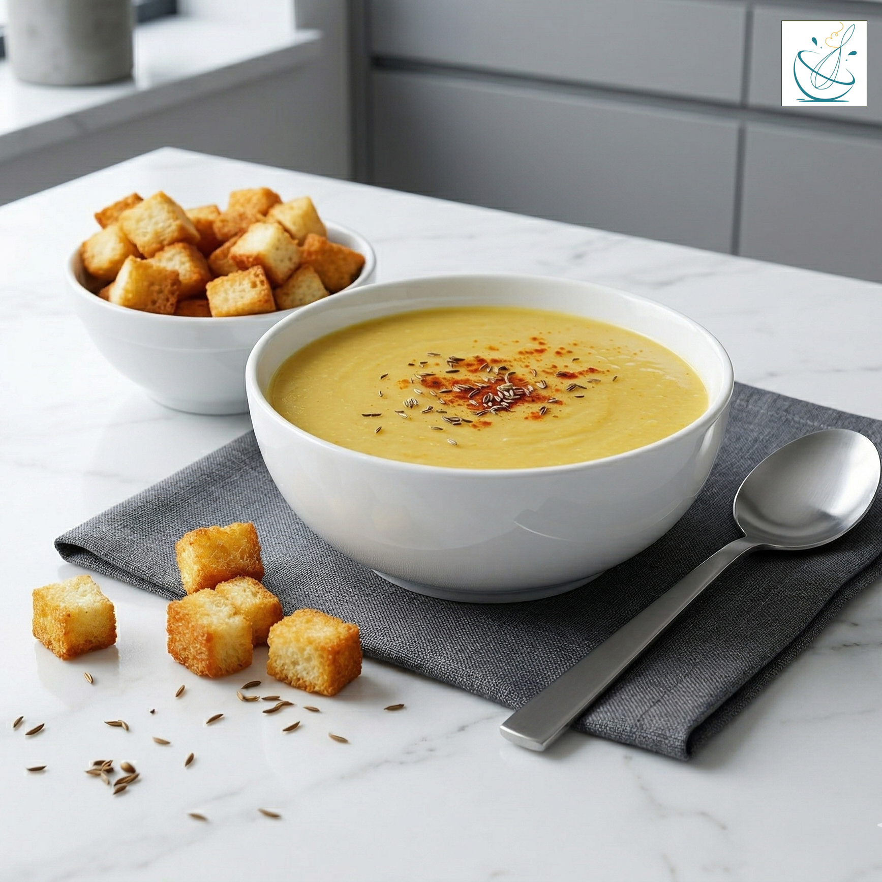 Un bol alb cu supă cremă de chimen de un galben delicat, presărată cu semințe întregi și boia, servită pe un șervet gri alături de un bol cu crutoane crocante și o lingură argintie, pe un blat de marmură albă.