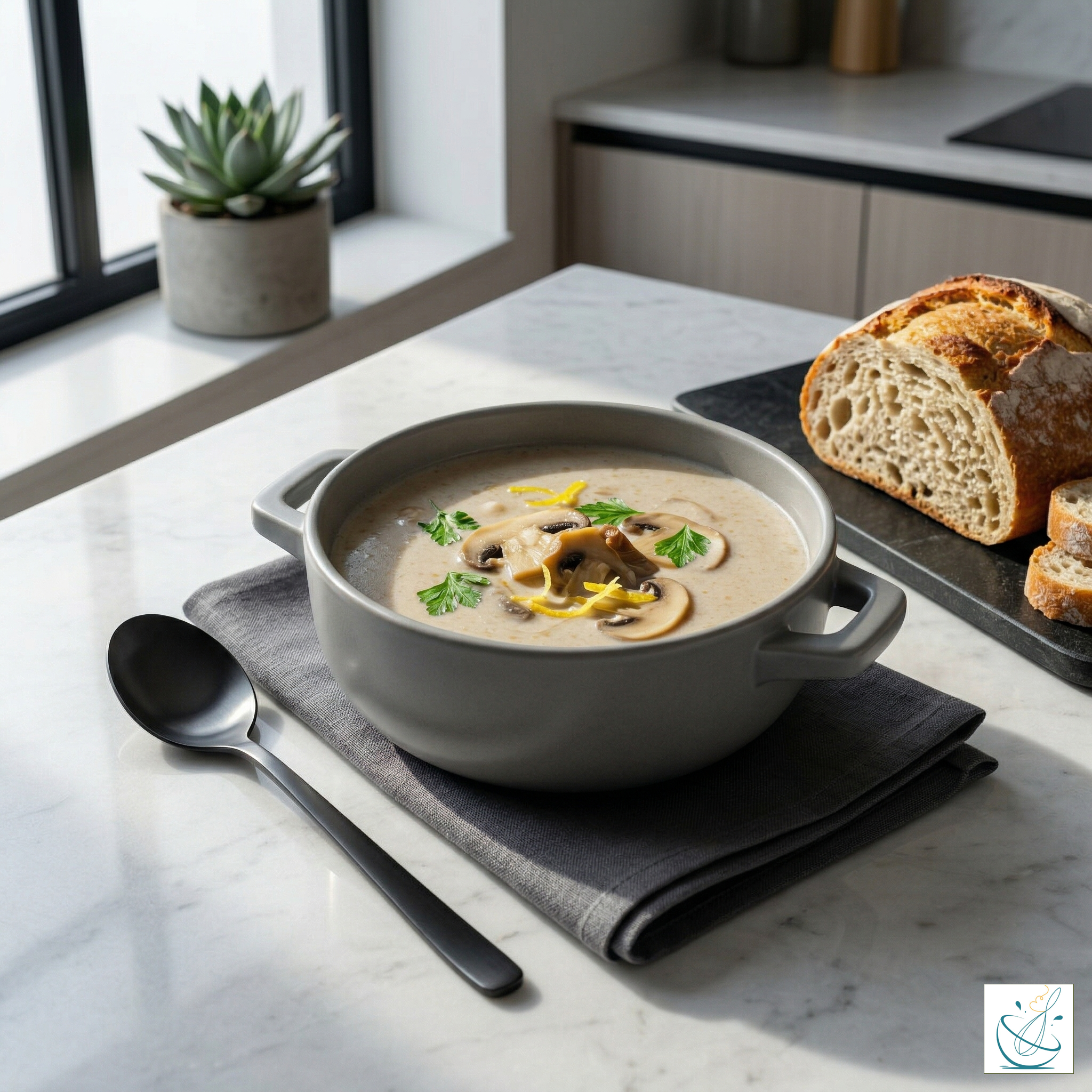 O oală mică din ceramică gri plină cu supă cremă de ciuperci, decorată cu felii de ciuperci, pătrunjel și coajă de lămâie, servită pe un șervet gri alături de o lingură neagră și pâine rustică, pe un blat de marmură.