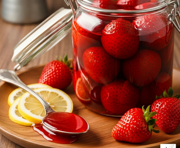 Un borcan de sticlă plin cu căpșuni întregi într-un sirop roșu dens, așezat pe un platou de lemn lângă felii de lămâie, căpșuni proaspete și o lingură plină cu sirop lucios.