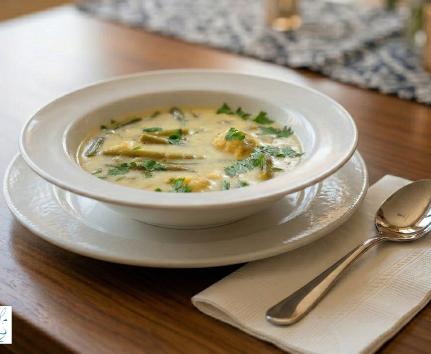 O farfurie adâncă cu supă de fasole verde, de culoare alb-crem, garnisită cu pătrunjel proaspăt și găluște aurii de porumb, așezată pe o masă de lemn lângă o lingură și un șervet alb.