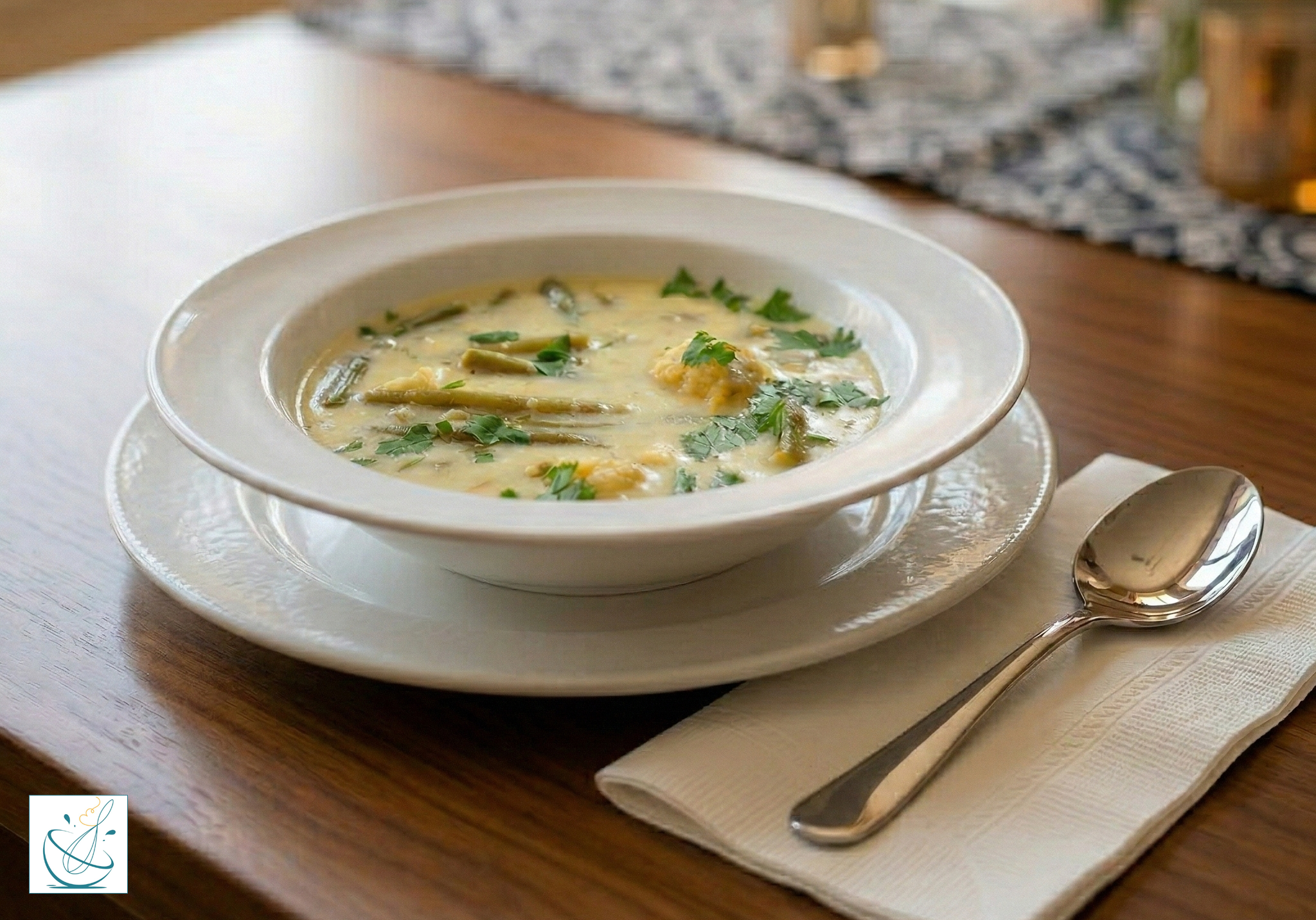 O farfurie adâncă cu supă de fasole verde, de culoare alb-crem, garnisită cu pătrunjel proaspăt și găluște aurii de porumb, așezată pe o masă de lemn lângă o lingură și un șervet alb.