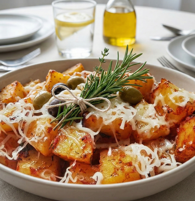 Un bol generos cu cuburi de cartofi rumeniți în sos de roșii, acoperiți cu fâșii de brânză topită, măsline verzi și negre, garnisiți cu o legătură proaspătă de rozmarin și cimbru.
