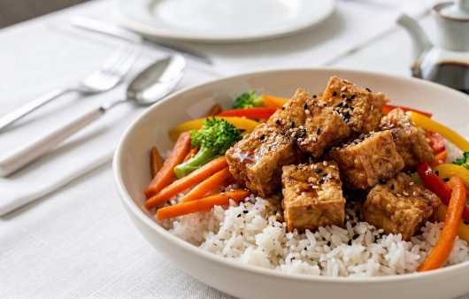 Un bol alb cu orez pufos, acoperit cu legume crocante și cuburi de tofu prăjit auriu, glazurate cu sos și presărate cu semințe de susan, pe o masă cu decor minimalist.