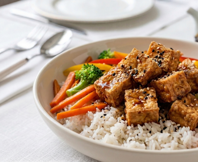 Un bol alb cu orez pufos, acoperit cu legume crocante și cuburi de tofu prăjit auriu, glazurate cu sos și presărate cu semințe de susan, pe o masă cu decor minimalist.
