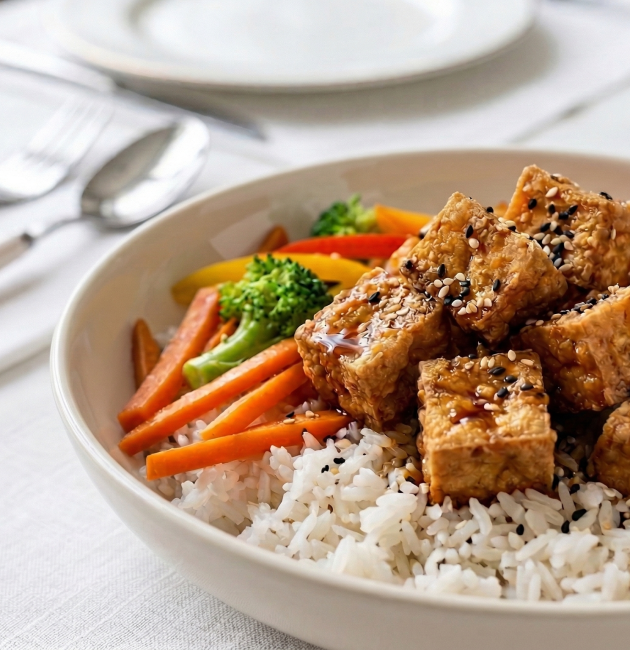 Un bol alb cu orez pufos, acoperit cu legume crocante și cuburi de tofu prăjit auriu, glazurate cu sos și presărate cu semințe de susan, pe o masă cu decor minimalist.