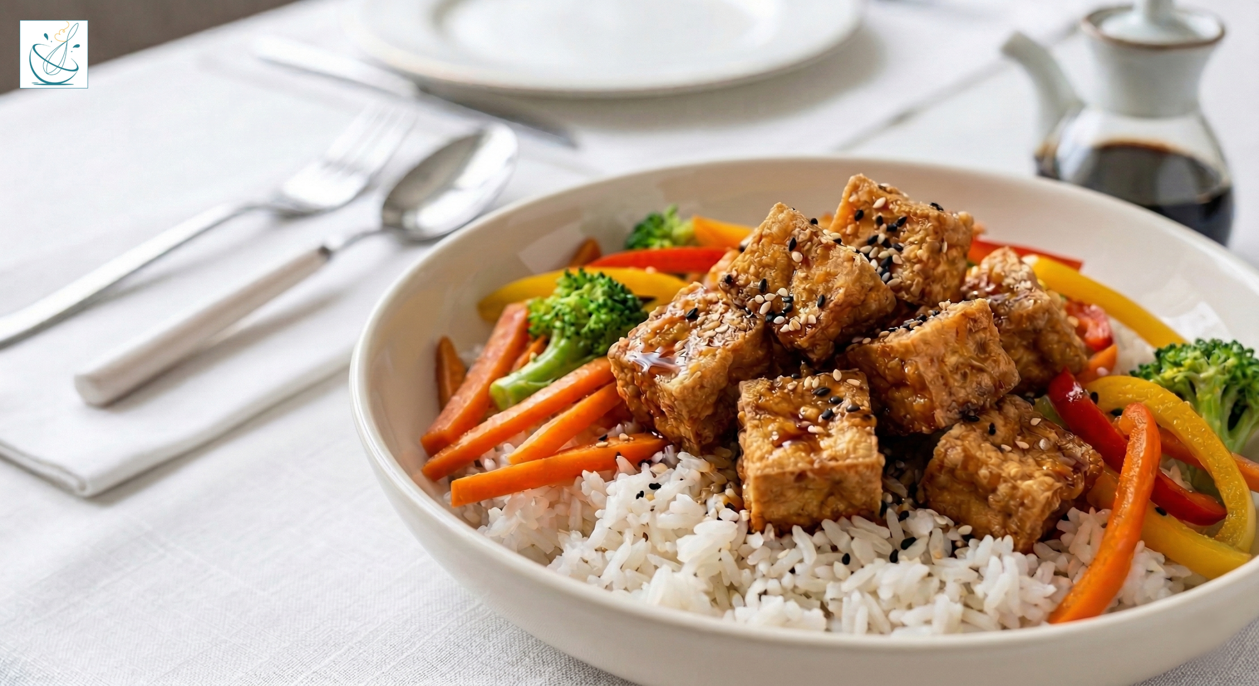 Un bol alb cu orez pufos, acoperit cu legume crocante și cuburi de tofu prăjit auriu, glazurate cu sos și presărate cu semințe de susan, pe o masă cu decor minimalist.
