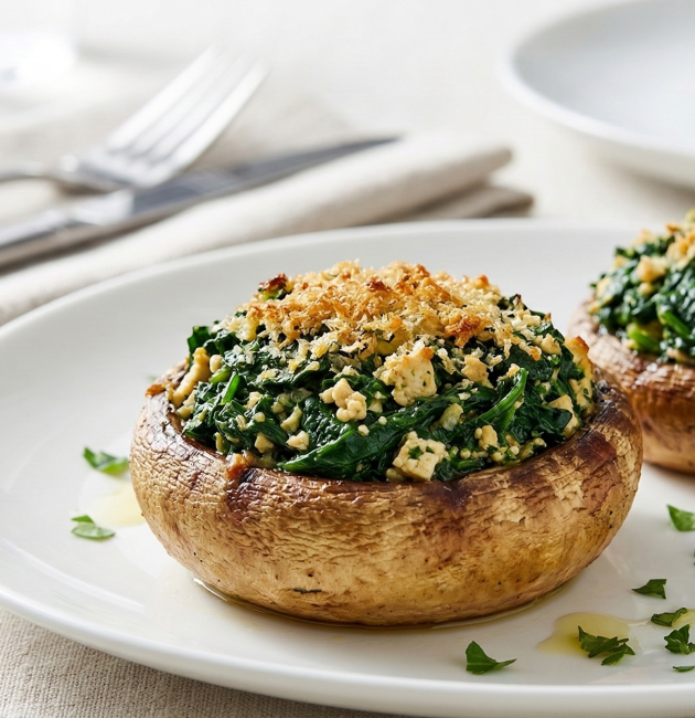 Două ciuperci mari de tip Champignon, umplute cu un amestec de spanac și tofu, acoperite cu drojdie de bere auriu, servite pe o farfurie albă elegantă.