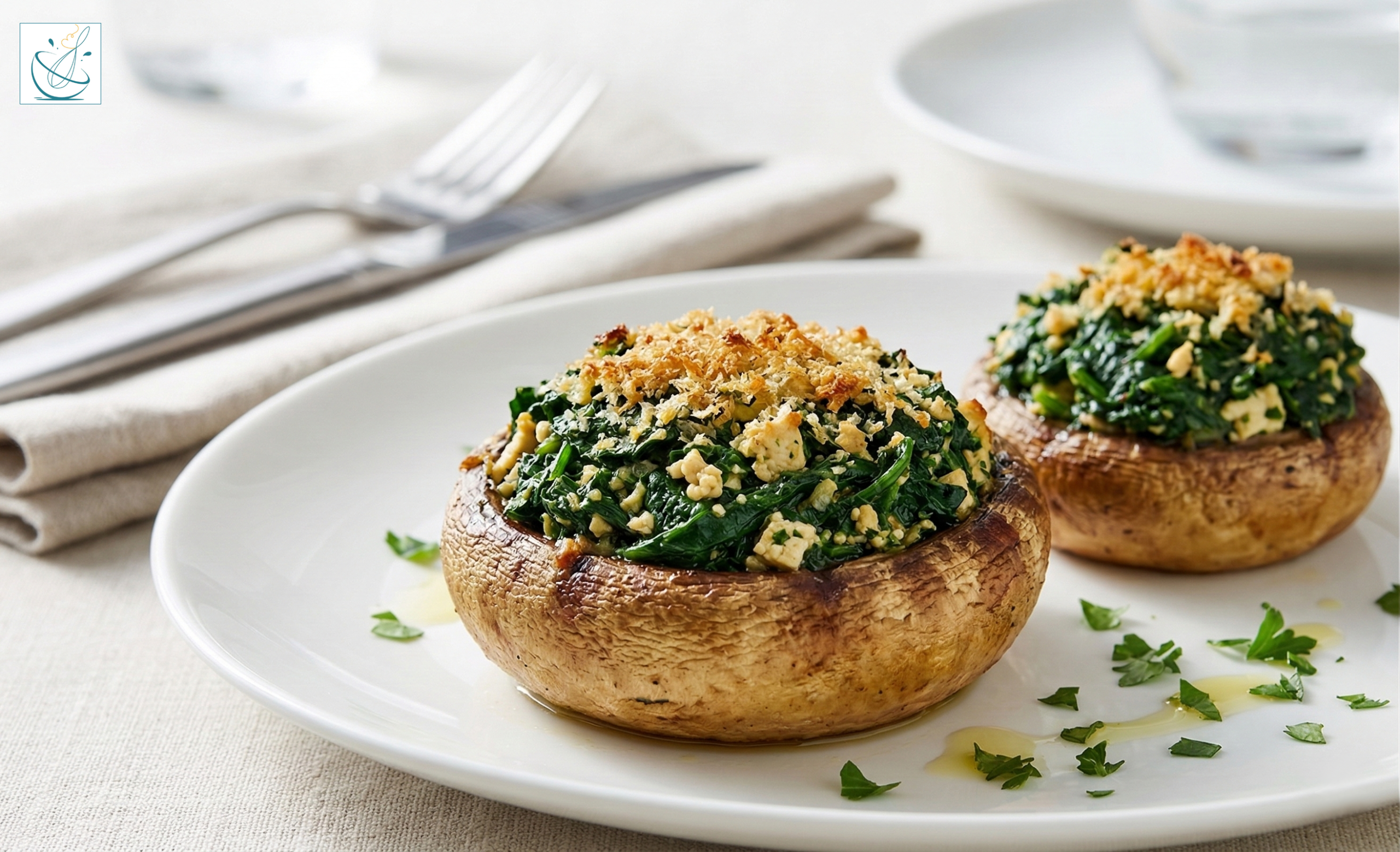 Două ciuperci mari de tip Champignon, umplute cu un amestec de spanac și tofu, acoperite cu drojdie de bere auriu, servite pe o farfurie albă elegantă.