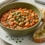 Un bol ceramic verde plin cu o tocană densă de fasole Cannellini albă, roșii și ierburi aromatice, servită alături de felii de pâine artizanală stropite cu ulei de măsline, pe o farfurie albă.