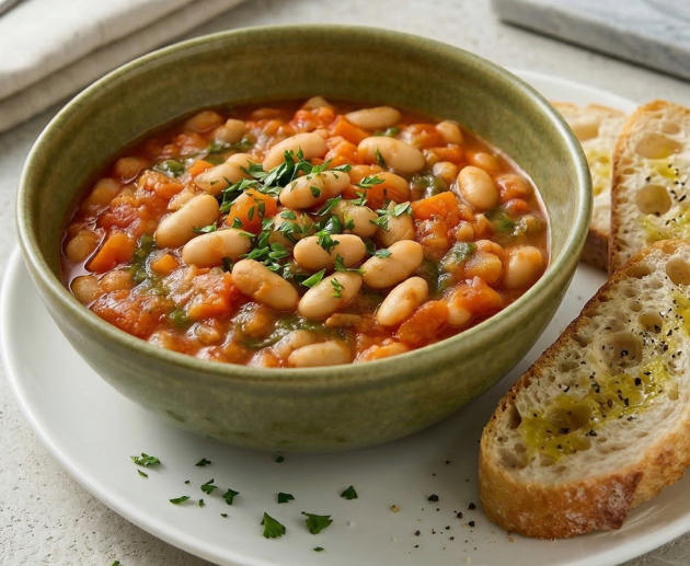 Un bol ceramic verde plin cu o tocană densă de fasole Cannellini albă, roșii și ierburi aromatice, servită alături de felii de pâine artizanală stropite cu ulei de măsline, pe o farfurie albă.
