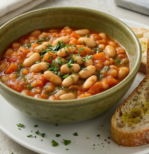 Un bol ceramic verde plin cu o tocană densă de fasole Cannellini albă, roșii și ierburi aromatice, servită alături de felii de pâine artizanală stropite cu ulei de măsline, pe o farfurie albă.
