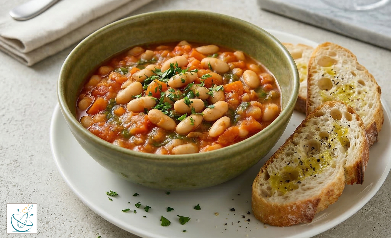 Un bol ceramic verde plin cu o tocană densă de fasole Cannellini albă, roșii și ierburi aromatice, servită alături de felii de pâine artizanală stropite cu ulei de măsline, pe o farfurie albă.