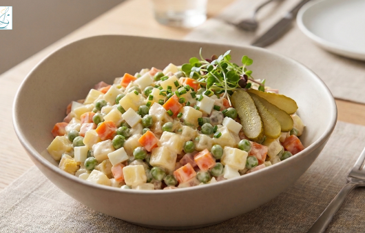 Un bol plin cu salată franțuzească cremoasă, preparată din legume fierte tăiate cubulețe, decorat cu arpagic tocat fin, microplante și felii de castravete murat, așezat pe o masă elegantă.