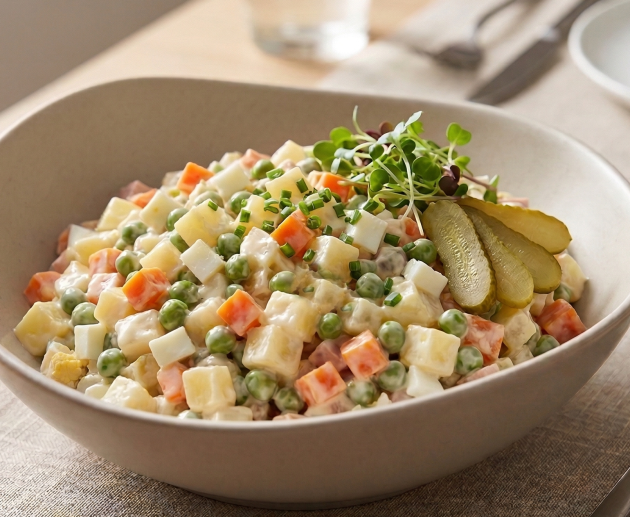 Un bol plin cu salată franțuzească cremoasă, preparată din legume fierte tăiate cubulețe, decorat cu arpagic tocat fin, microplante și felii de castravete murat, așezat pe o masă elegantă.