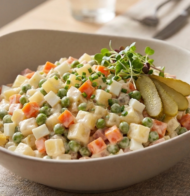 Un bol plin cu salată franțuzească cremoasă, preparată din legume fierte tăiate cubulețe, decorat cu arpagic tocat fin, microplante și felii de castravete murat, așezat pe o masă elegantă.